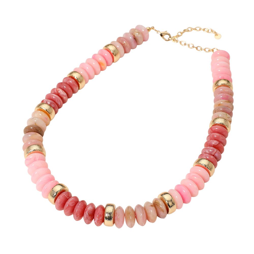 Chunky Resin Disc Beaded Necklace - PINK