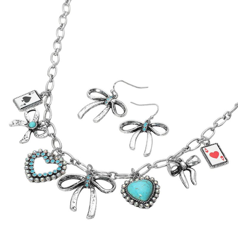 Western Heart Bow Card Charm Necklace &amp; Earrings Set - SILVER