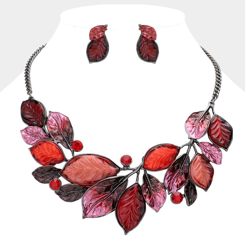 Epoxy Leaf Vine Necklace &amp; Earrings SEt - FALL/BURGUNDY