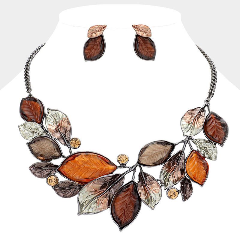 Epoxy Leaf Vine Necklace &amp; Earrings Set- FALL/BROWN