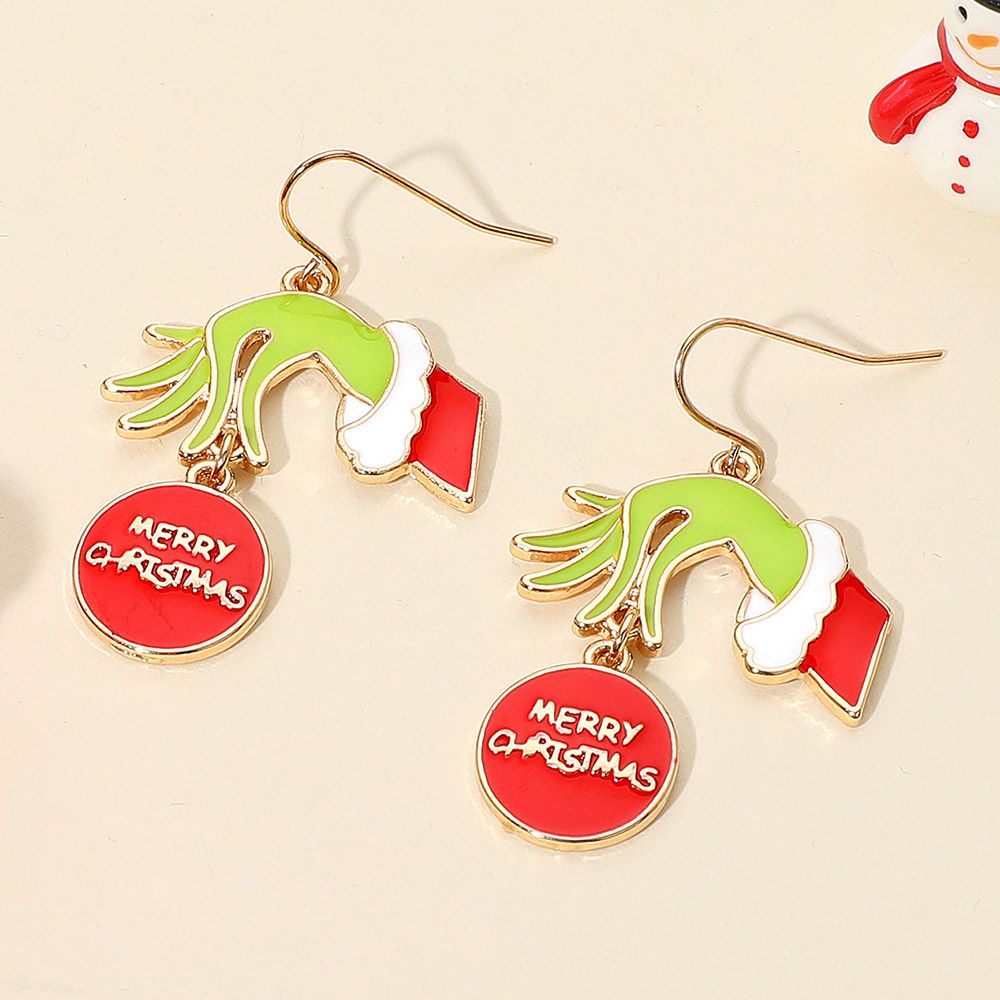 MERRY CHRISTMAS Message Ornament Grinch Hand Dangle Earrings