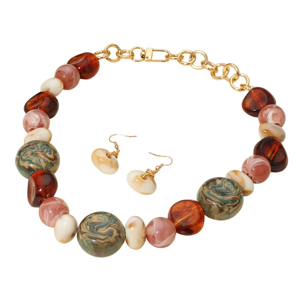 Chunky Pebble Link Statement Necklace &amp; Earrings Set - BROWN