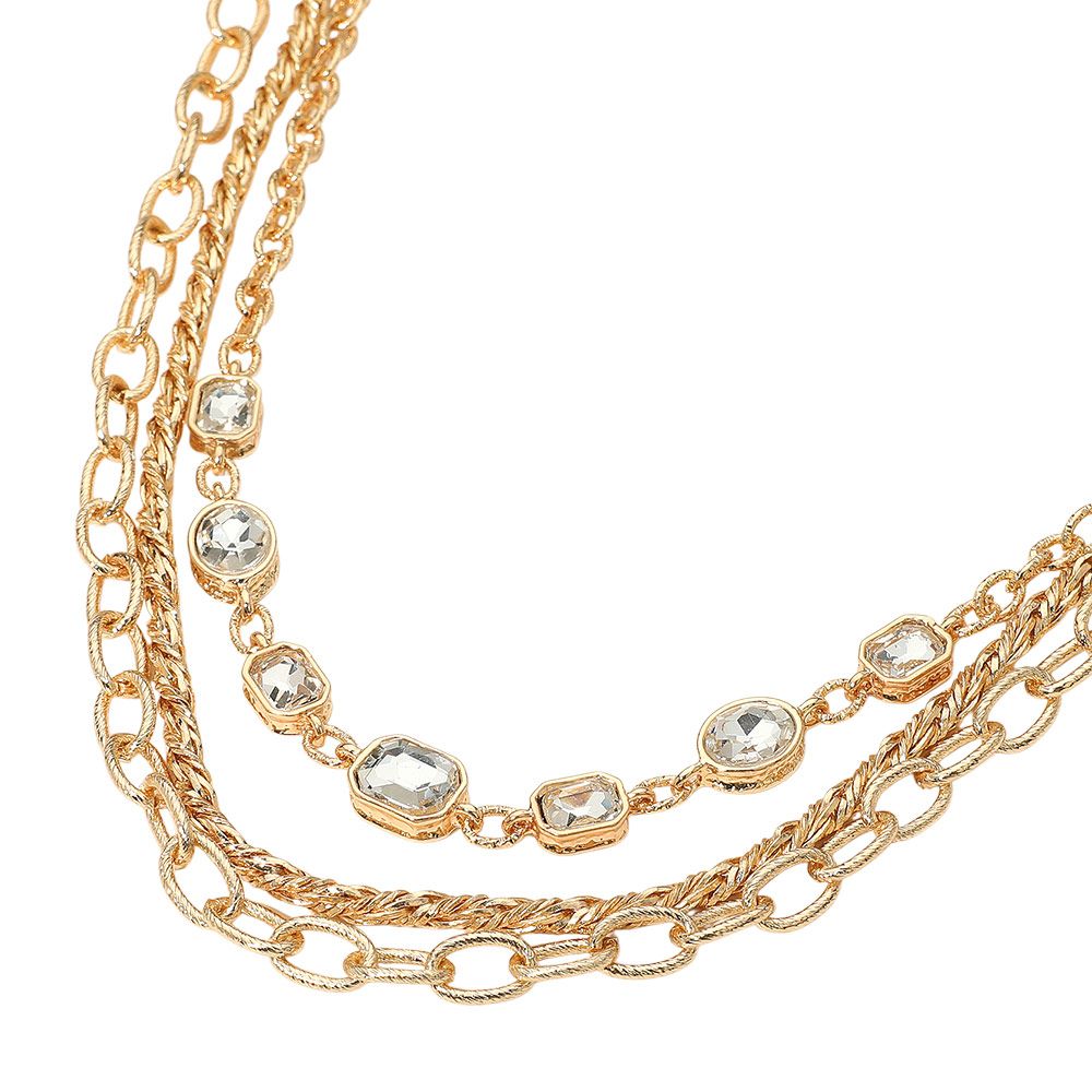 Rectangular Stone Cluster Link Accent Chunky Metal Chain Layered Necklace - GOLD