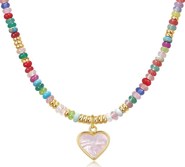 Colorful Beaded Gemstone Choker 14K Gold Plated Necklce - HEART