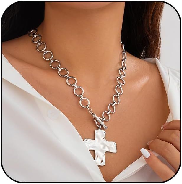 Hammered Bold Cross Necklace Vintage withToggle Clasp - SILVER