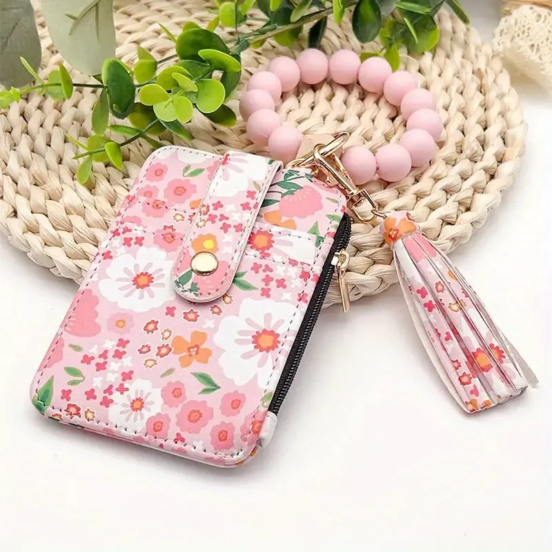 Bohemian Floral PU Leather Wallet with Beaded Keychain &amp; Tassel Charm - LIGHT PINK FLORAL