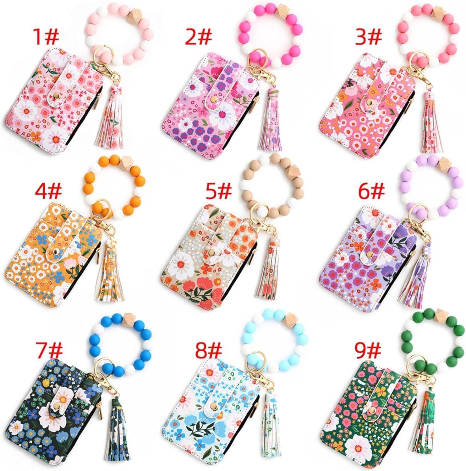 Bohemian Floral PU Leather Wallet with Beaded Keychain &amp; Tassel Charm