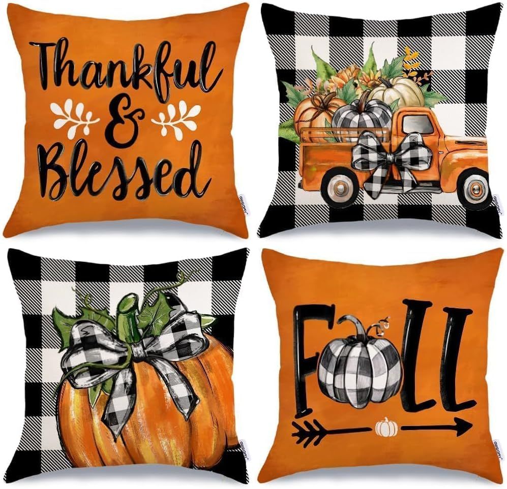 Fall Decorative Throw Pillow Covers - SET OF 4 COVERS- THANKFUL &amp; BLESSED ORANGE