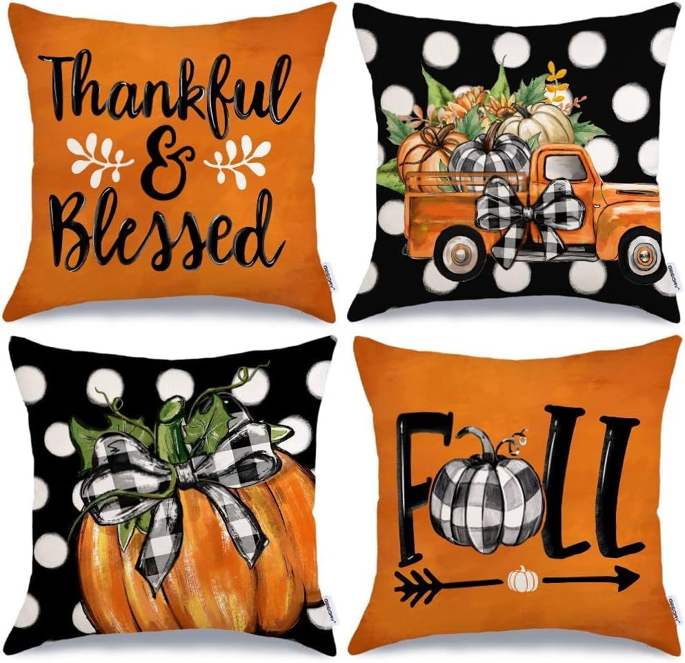 Fall Decorative Throw Pillow Covers - SET OF 4 COVERS - POLKA DOT PUMPKIN PATTERN