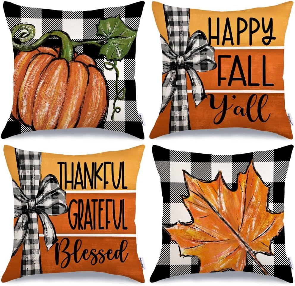 Fall Decorative Throw Pillow Covers - SET OF 4 COVERS - HAPPY FALL Y&#39;ALL PATTERN