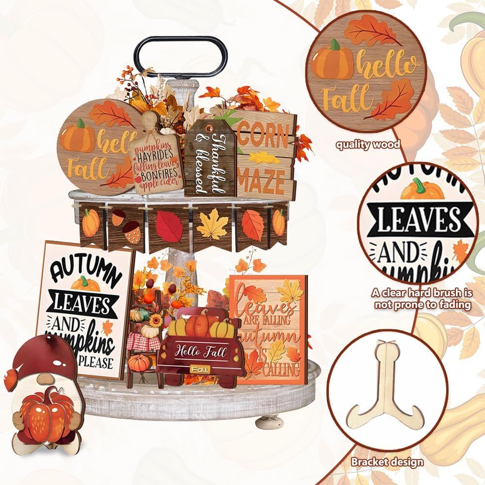 TIERED TRAY DECOR SET - 15 PIECE SET - AUTUMN LEAVES &amp; PUMPKINS PLEASE