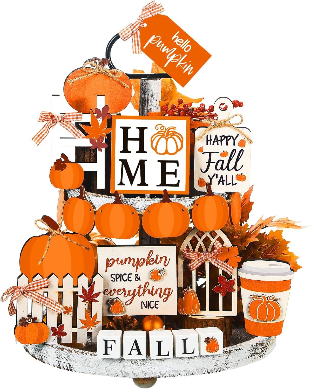 Tiered Tray Decor Set -  15 PIECE SET - HELLO PUMPKIN