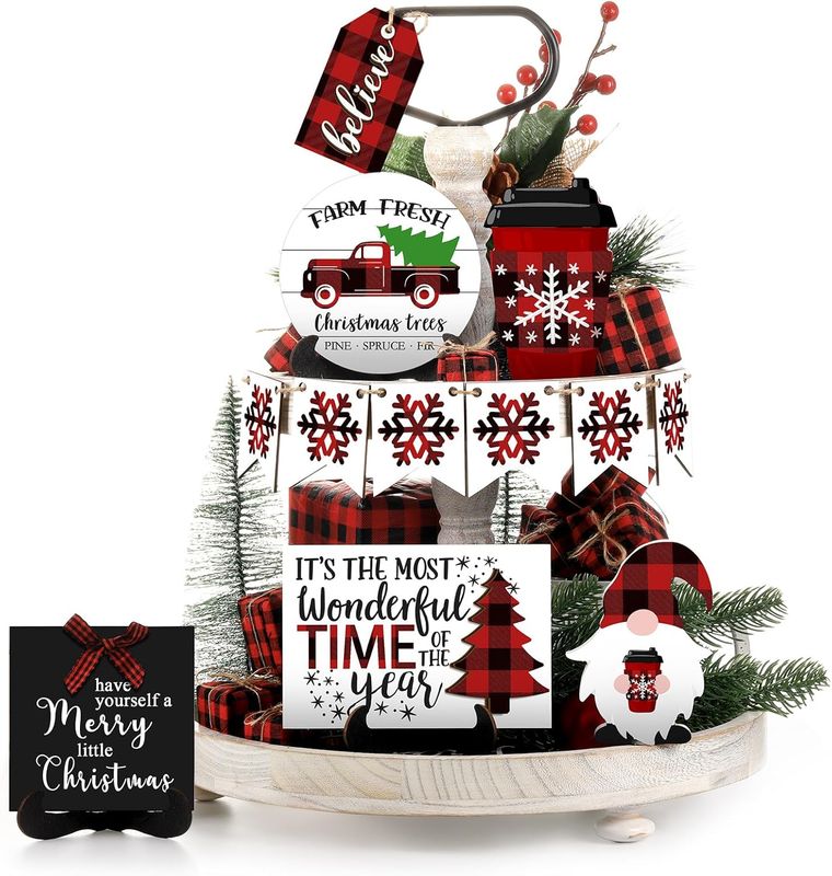 Tiered Tray Decor Set -   MOST WONDERFUL TIME OF THE YEAR PLAID 12 PIECE SET