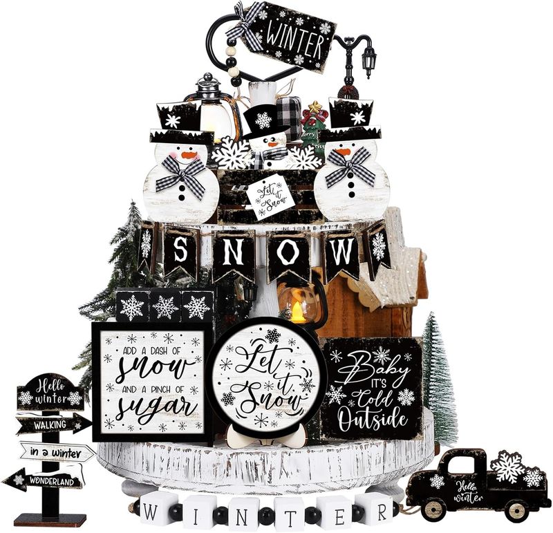TIERED TRAY DECOR SET -  LET IT SNOW BLACK &amp; WHITE 17 PIECE SET