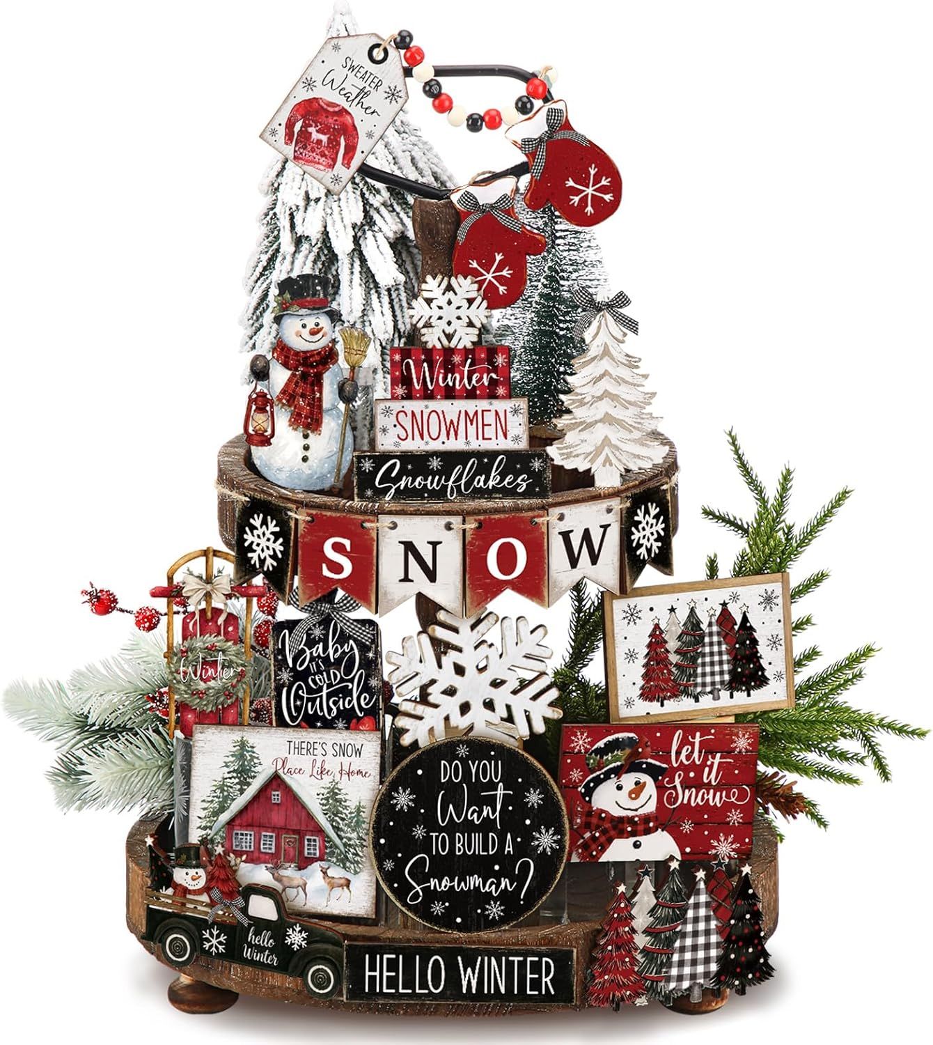 TIERED TRAY DECOR SET -   DO YOU WANT TO BUILD A SNOWMAN PLAID 17 PIECE SET