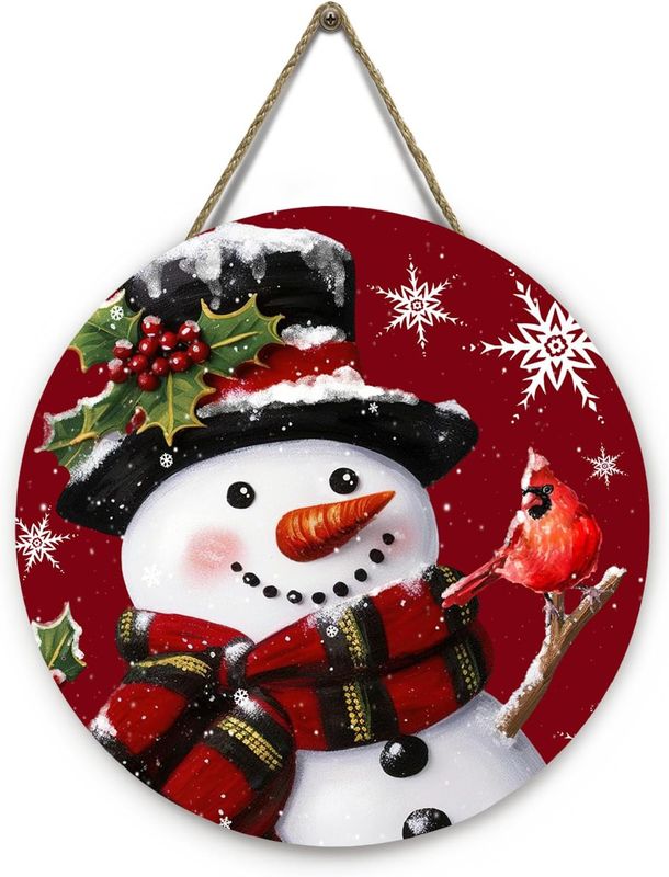 Wooden Door Hanger Wreath- RED SNOWMAN/CARDINAL