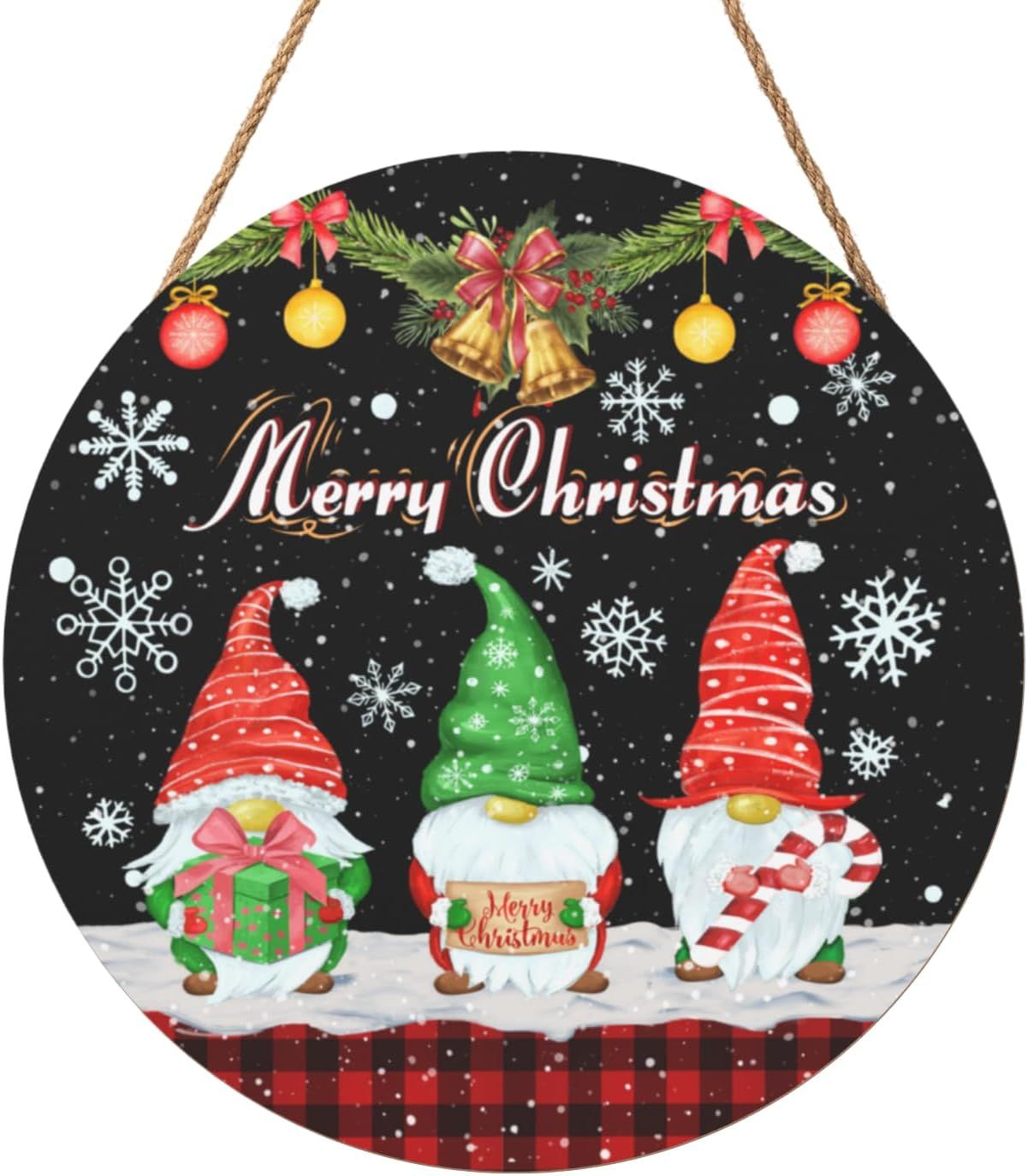 WOODEN DOOR HANGER WREATH - GNOME MERRY CHRISTMAS - BLACK