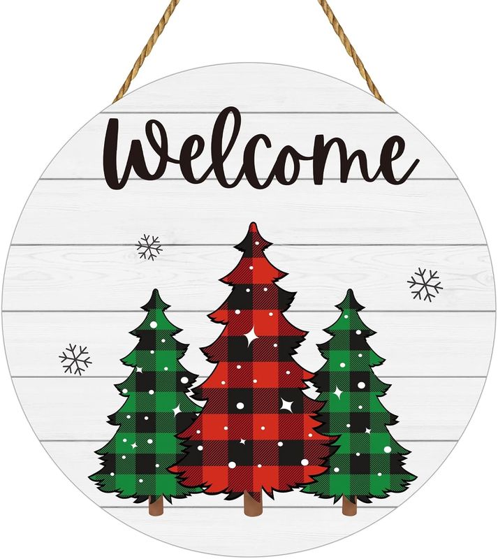 Wooden Rustic Door Hanger - BUFFALO PLAID TREES WELCOME