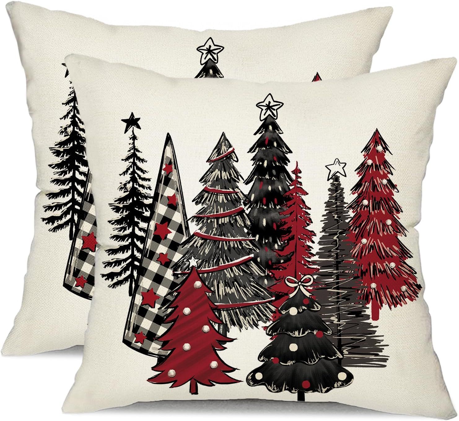Christmas Pillow Covers 16x16 - 2 PIECE SET- BUFFALO PLAID TREES