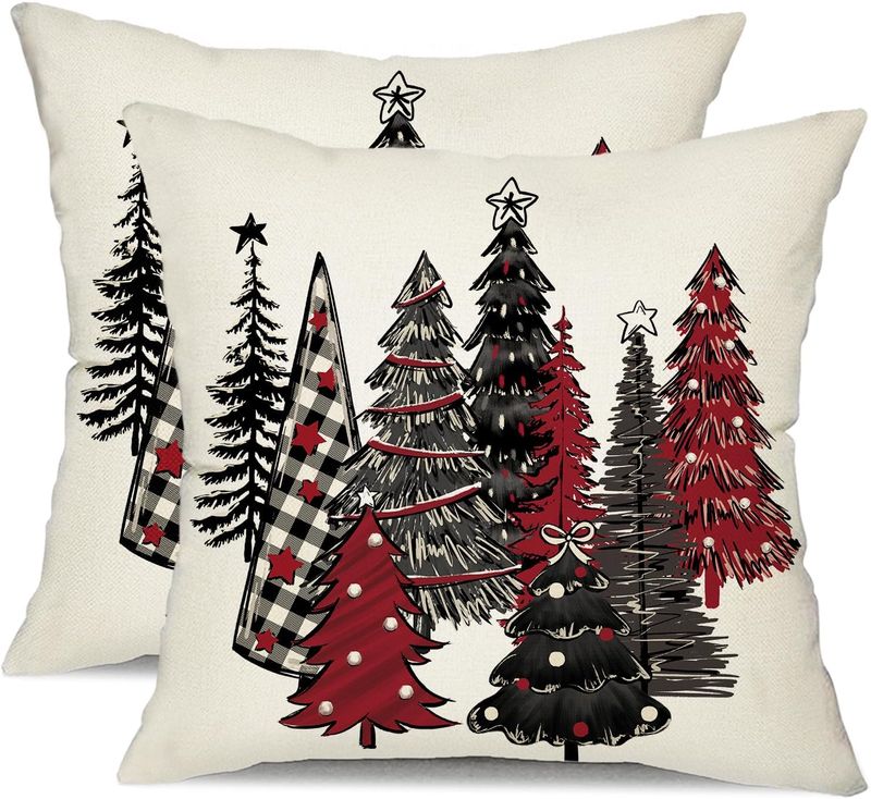 Christmas Pillow Covers 16x16 - 2 PIECE SET- BUFFALO PLAID TREES