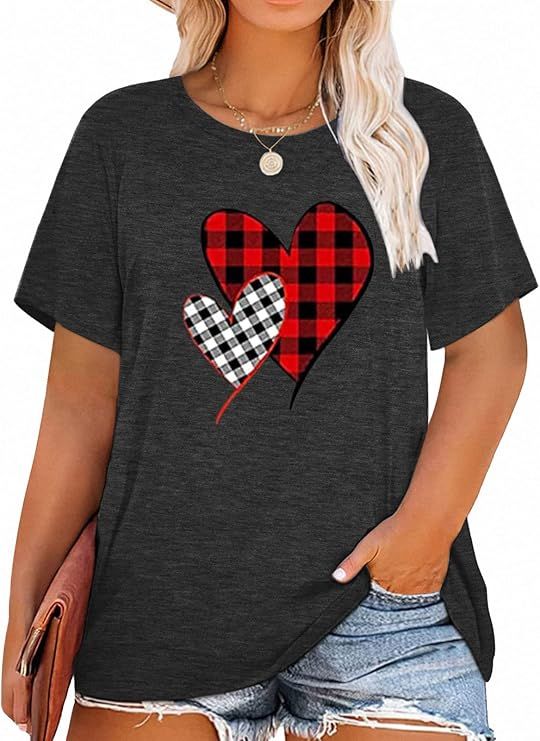 GRAPHIC TEE -  VALENTINE'S DAY DK. GREY PLAID HEARTS