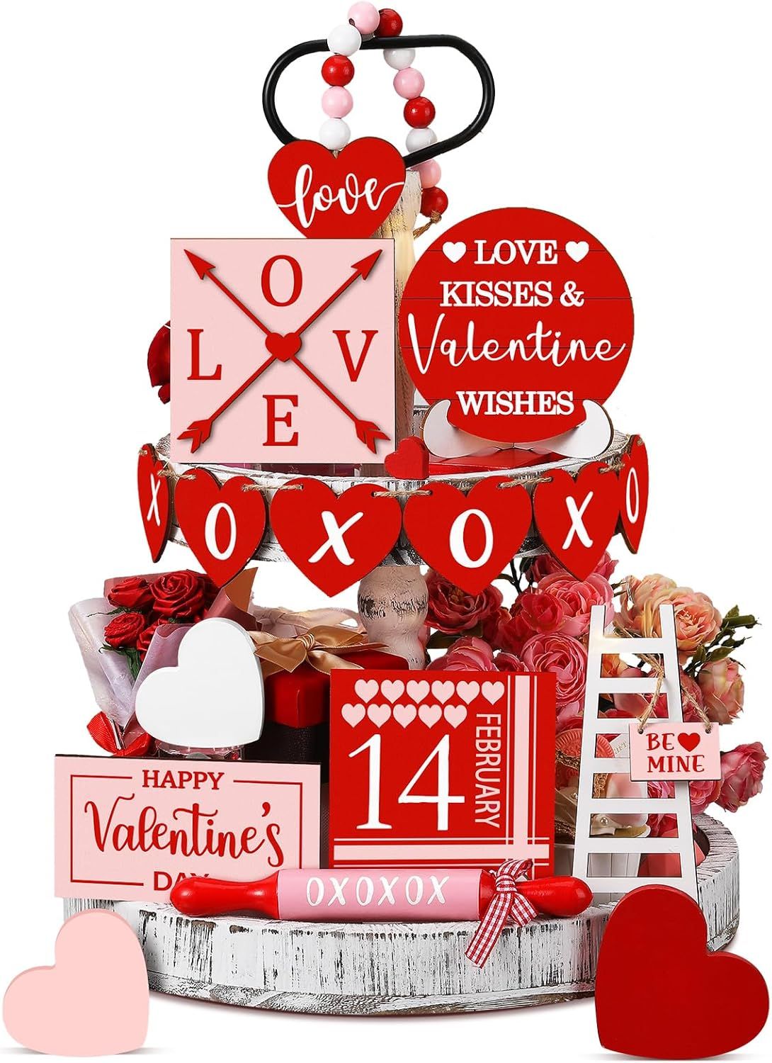 TIERED TRAY DECOR SET   -  15 PIECE SET LOVE KISSES &amp; VALENTINE WISHES