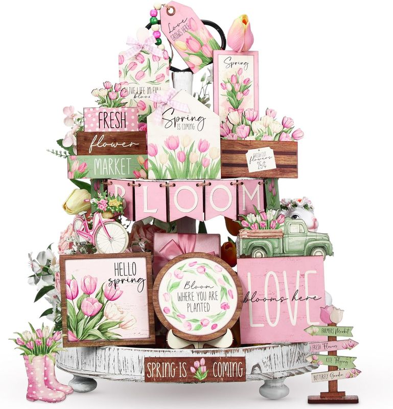 TIERED TRAY DECOR SET -  17 PIECE SET - BLOOM TULIPS