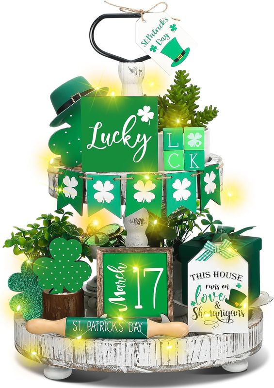 TIERED TRAY DECOR SET - 15 PIECE SET - SHAMROCK