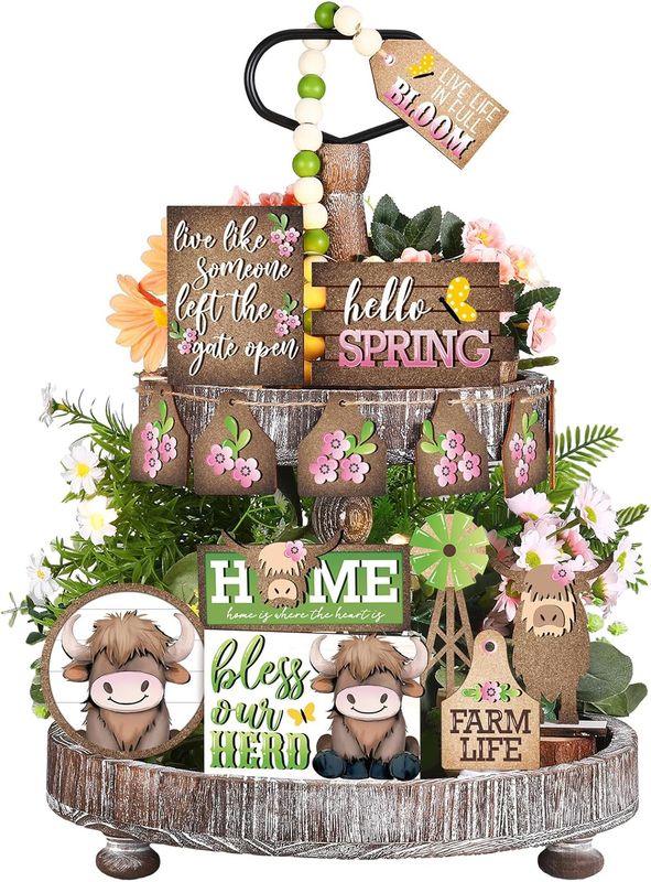 TIERED TRAY DECOR SET -    20 PIECE SET - HIGHLAND COW