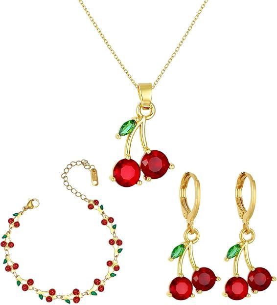 18K Gold Plated Red Cherry Necklace/Bracelet/Earrings Set - GOLD