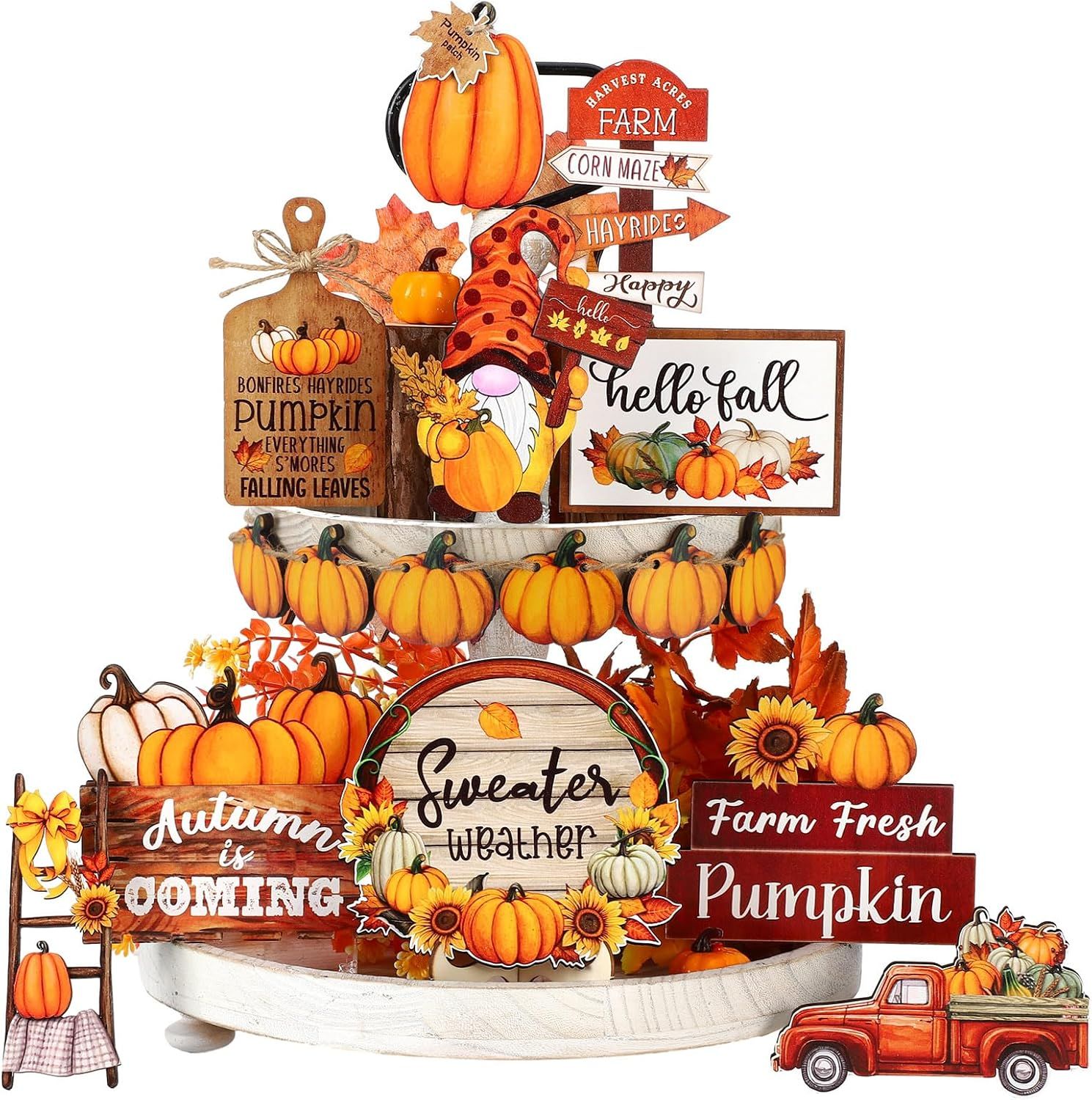 TIERED TRAY DECOR SET   -  16 PIECE SET - FALL GNOME SUNFLOWERS