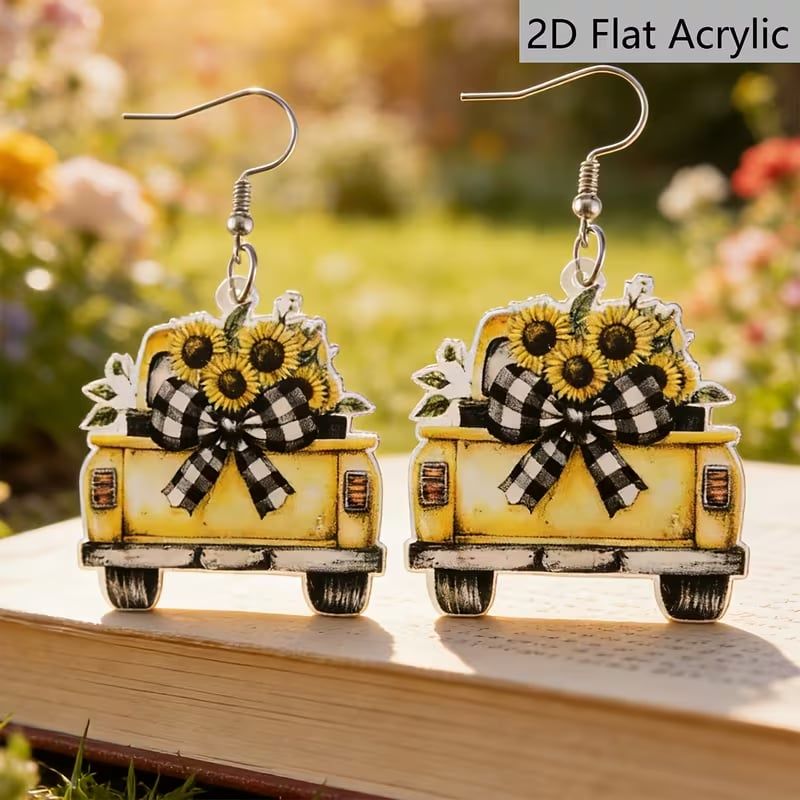 Yellow Truck with Sunflowers Earrings - SUNFLOWERS