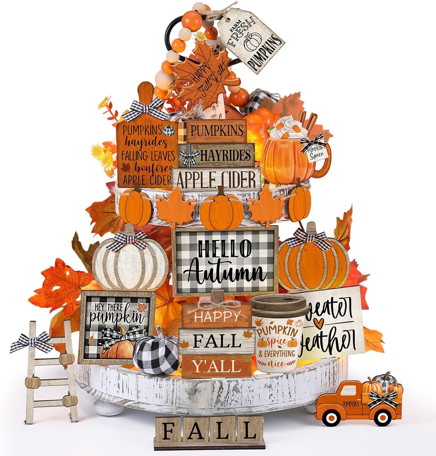 Tiered Tray Decor Set -  21  PIECE SET - HELLO AUTUMN - BLK/WHITE PLAID