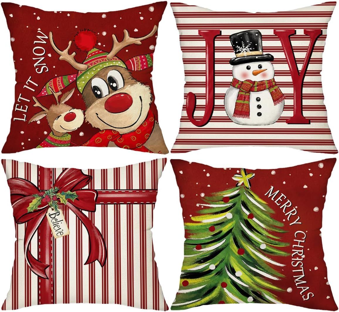 Christmas Pillow Covers 18x18 - 4 PIECE SET REINDEER &amp; SNOWMAN
