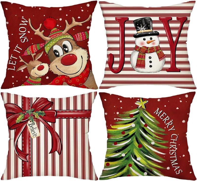Christmas Pillow Covers 18x18 - 4 PIECE SET REINDEER &amp; SNOWMAN