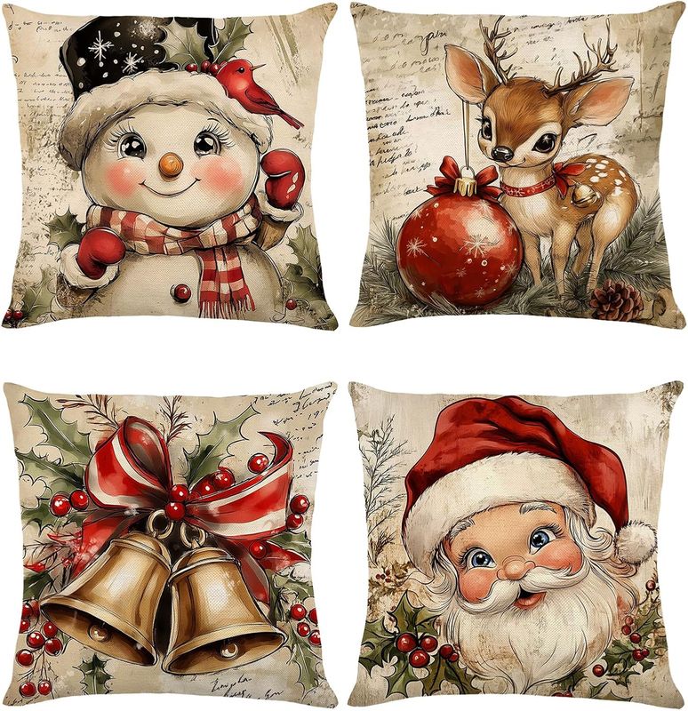 Christmas Pillow Covers 18x18 - 4 PIECE SET- VINTAGE SNOWMAN