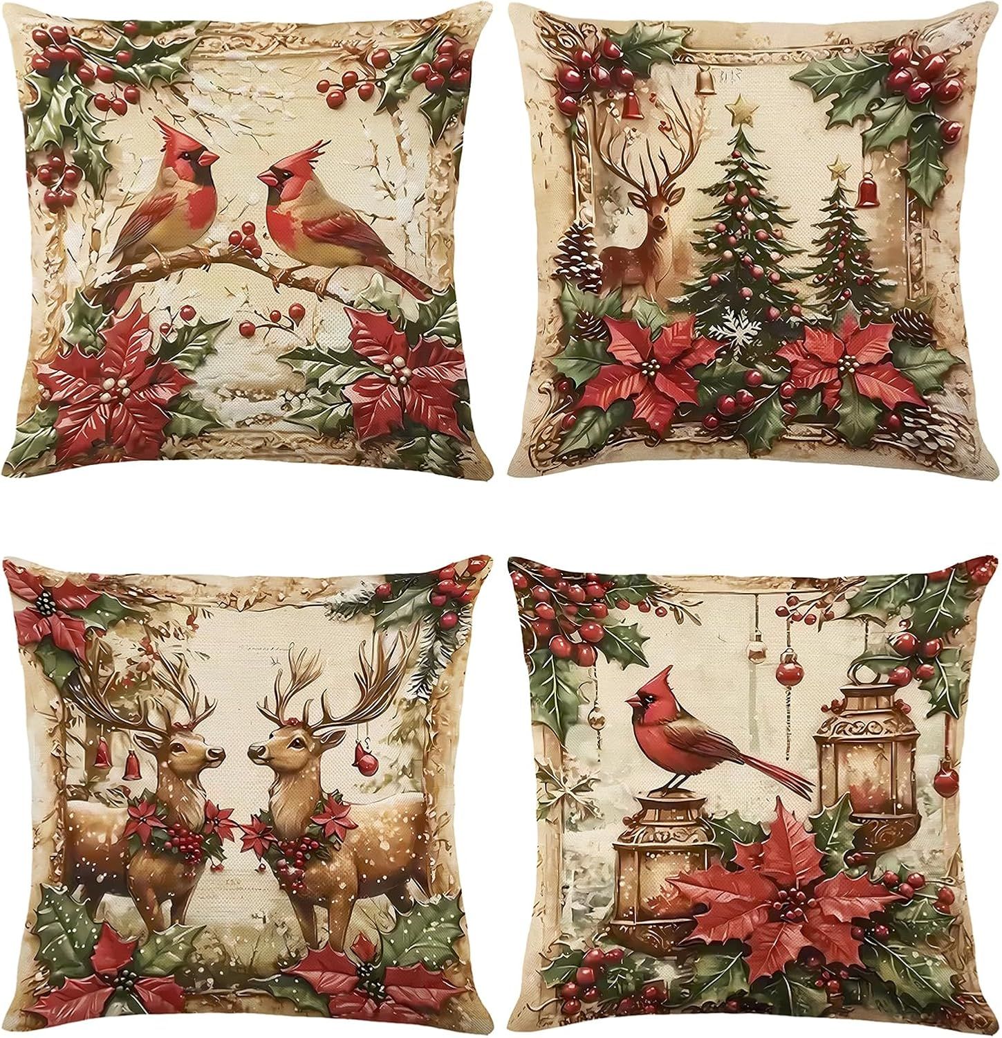 Christmas Pillow Covers 18x18 - 4 PIECE SET- CARDINALS