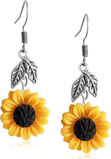 3 D Sunflower Dangle Style Earrings - Vintage Silver