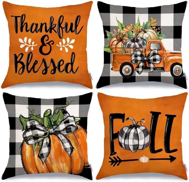 Fall Decorative Throw Pillow Covers - SET OF 4 COVERS- THANKFUL &amp; BLESSED ORANGE