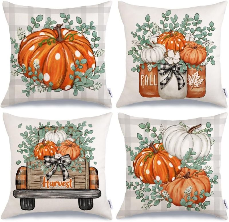 Fall Decorative Throw Pillow Covers - SET OF 4 COVERS - POLKA DOT PUMPKIN PATTERN