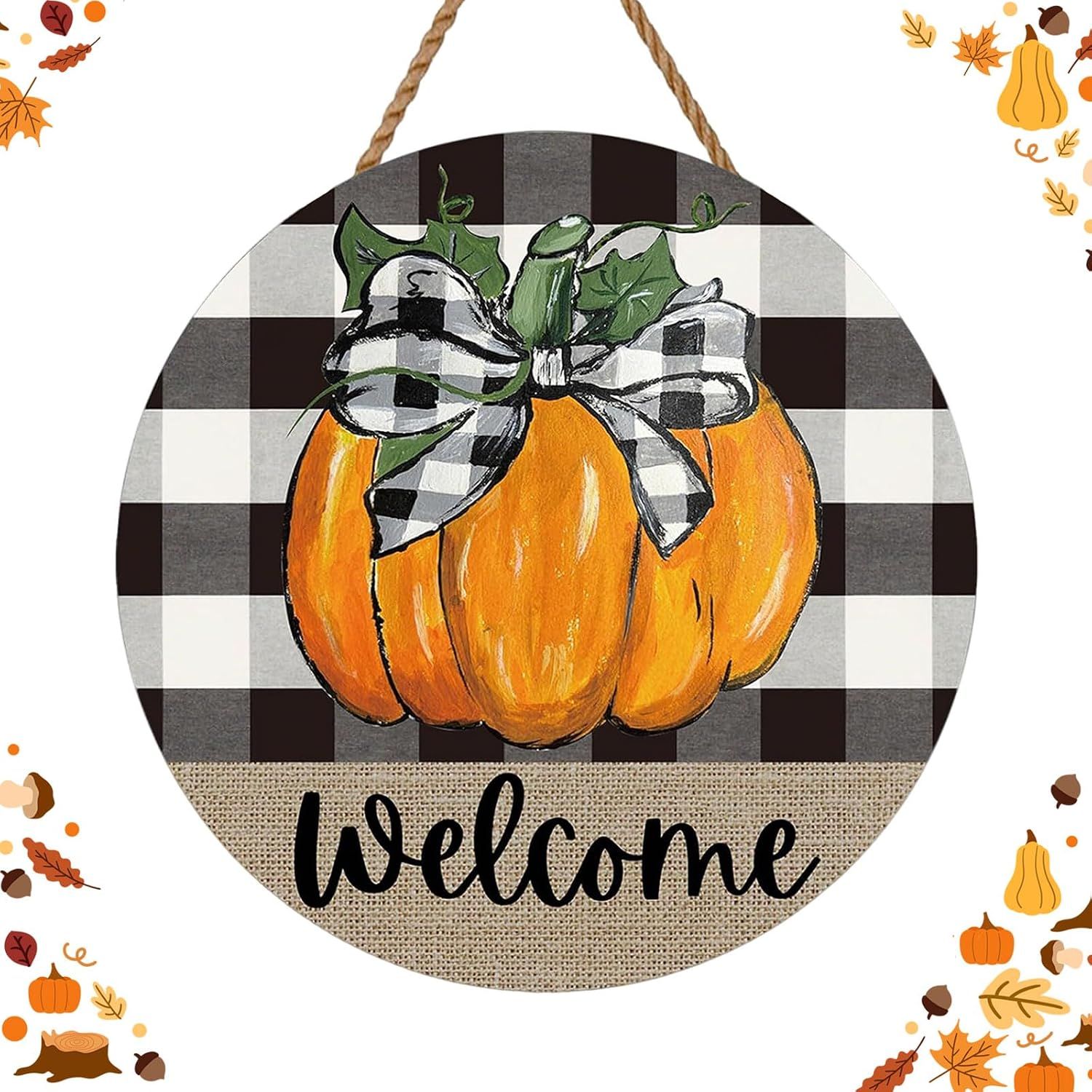 Wooden Door Hanger Wreath- PUMPKIN BUFFALO PLAID BOW