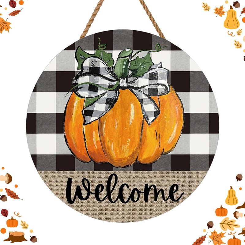 Wooden Door Hanger Wreath- PUMPKIN BUFFALO PLAID BOW