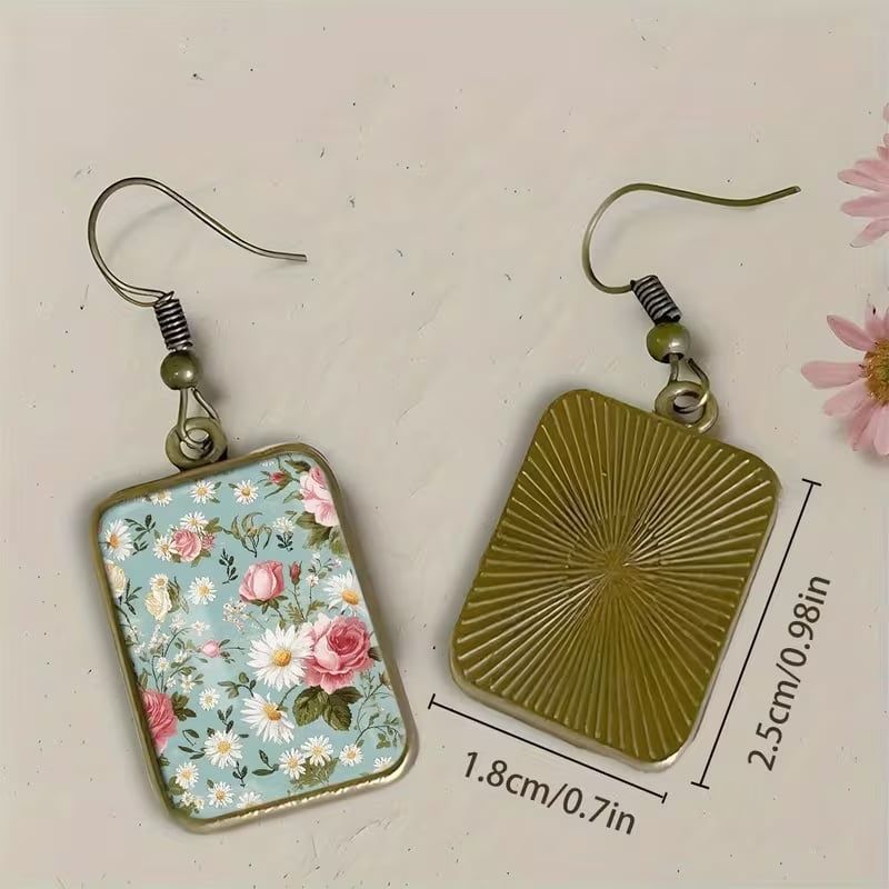 Rectangular Floral Earrings - BLUE