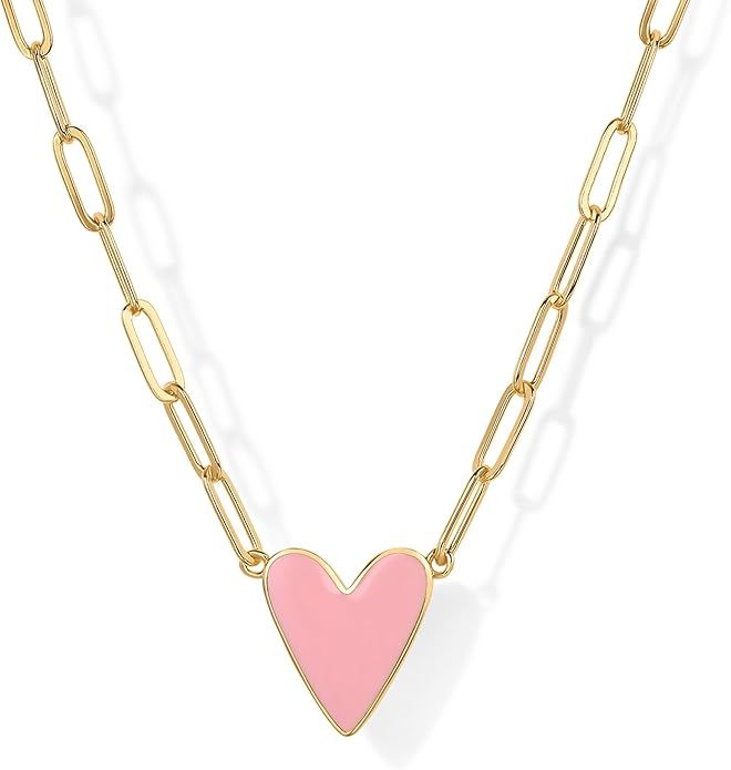 14K Gold Plated Heart Enamel Pendant Necklace - PINK