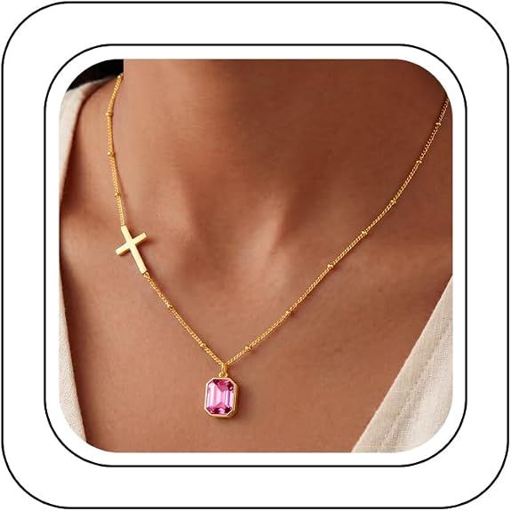 14K Gold Plated Sideway Cross Necklace with 12 Month Rectangle Pendant Necklace