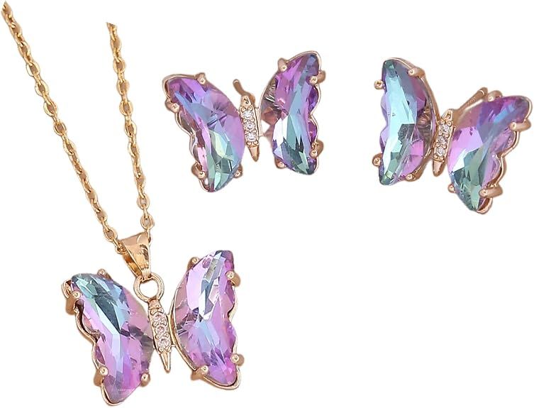 CZ  18 K Gold Plated Butterfly Necklace and Earrings Set - PURPLE