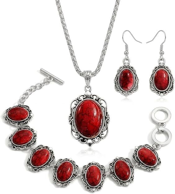 Oval Synthetic Stone Necklace/ Bracelet/ Dangle Earrings Set - RED