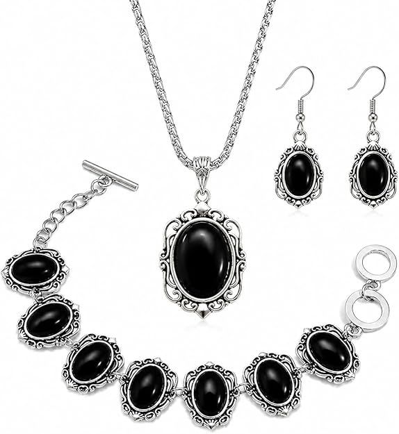 Oval Synthetic Stone Necklace/ Bracelet/ Dangle Earrings Set - BLACK