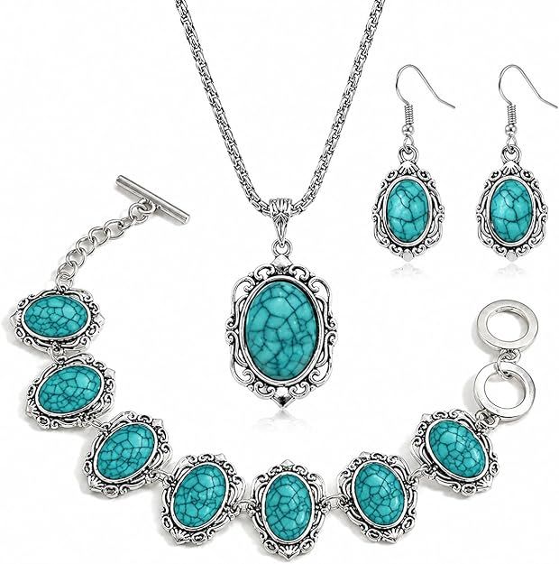 Oval Synthetic Stone Necklace/ Bracelet/ Dangle Earrings Set - TURQUOISE