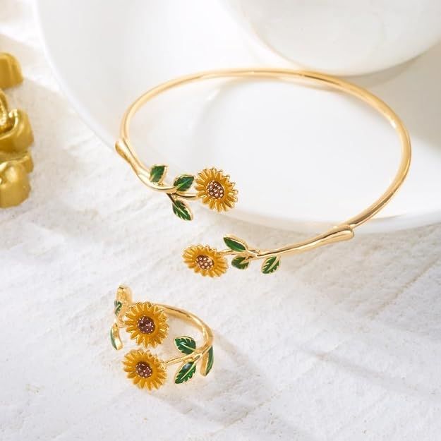 Adjustable Sunflower Open Cuff Bangle Bracelet &amp; Ring Set